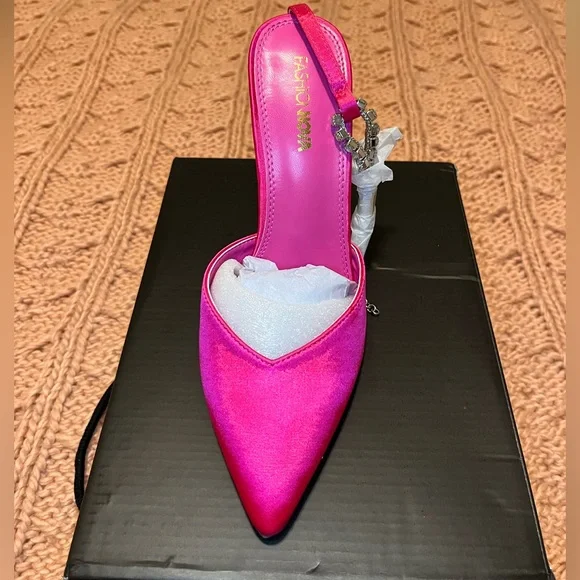 Satin pink heels w/ rhinestone ankle strap - Picture 2 of 3